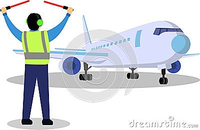 flight coordinator guiding airplane, ground crew airport vector graphic illustratio Vector Illustration