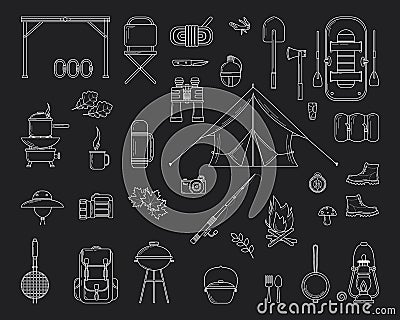 Set of hand drawn camping and hiking equipment. Hike icons. Travel and vacation doodle collection. Vector Illustration