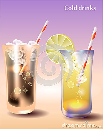 Popular summer drinks are cola and lemonade. Drinking glasses Vector Illustration