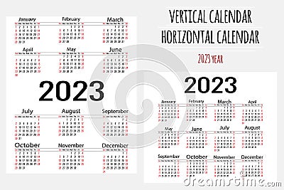 Vertical and horizontal simple calendar for 2023. 2023 calendar layout, 12 month templates. Cartoon Illustration