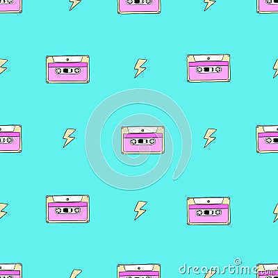 Seamless pattern of vintage music cassette tapes and lightning Vector Illustration