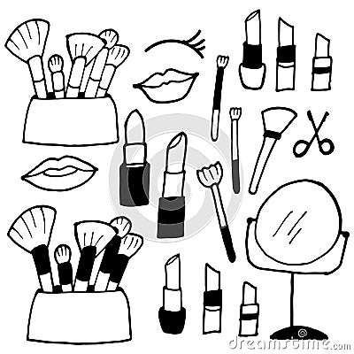 Set of makeup icon. hand drawn vector. black and white colors. makeup brushes, eyelashes, lipstick, lips and mirror illustration i Vector Illustration