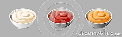 realistic stylized white saucers are filled with colorful appetizing sauces Vector Illustration