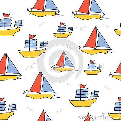 Seamless pattern with sailboat illustration on white background. colorful boat for kids. hand drawn vector. doodle art for wallpap Vector Illustration