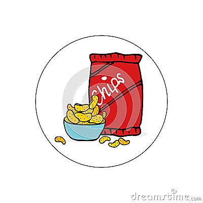 Potato chips package with potato chips in a bowl illustration. hand drawn vector. red package. business logo, branding. doodle art Vector Illustration