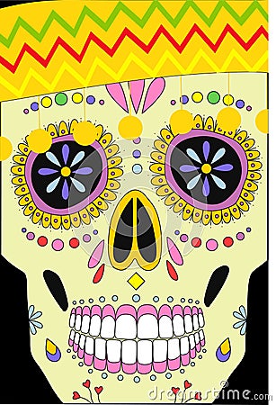 Day of the dead, Dia de los moertos, banner with colorful Mexican flowers. Vector skeleton skull in sombrero. Vector Illustration