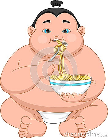 Cartoon cute sumo wrestler eating noodle Vector Illustration