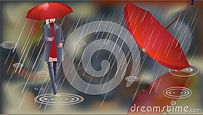 Girl with a red umbrella in the rain. Blurred vector illustration Vector Illustration