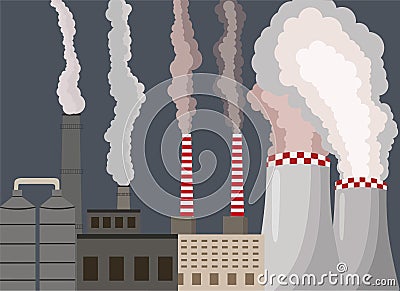 Industrial factory. exhaust gas contaminate urban atmosphere. Toxic smog. Vector Illustration