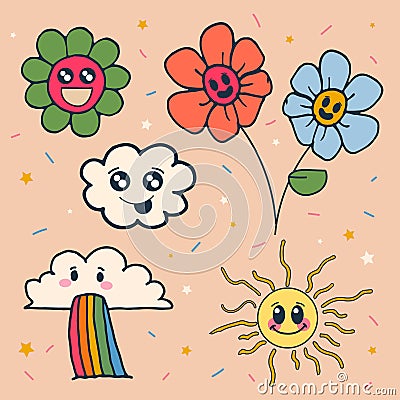 Vector Illustration of Spring Doodles: Flowers, Sun, Clouds - Beautiful Hand-Drawn Set Cartoon Illustration