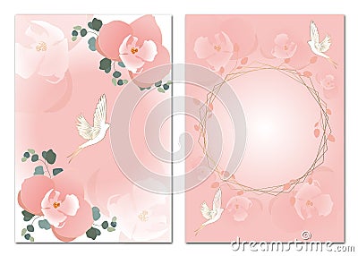 Floral frame for postcard. Delicate orchids, eucalyptus, green plants, bird and leaves, golden sparkles. Stock Photo