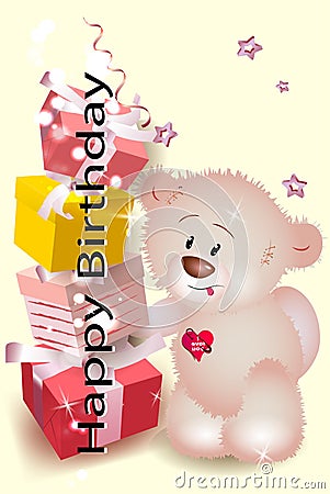 cute teddy bear and a mountain of presents. Card Design Template Vector Illustration