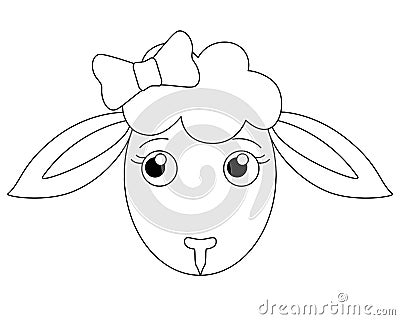 The head of a cute cartoon sheep with a bow is a vector linear picture for coloring. Outline. Sheep muzzle, cute animal for childr Vector Illustration