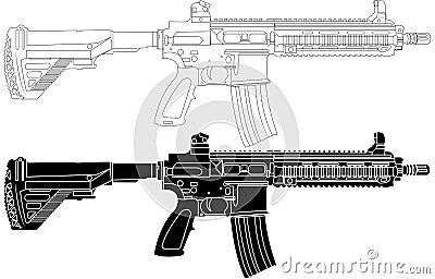 HK416 is a gas-operated assault rifle chambered for the 5.56Ã—45mm NATO cartridge. Vector Illustration