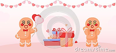 Gingerbread man cartoon celebrating holiday with gifts present and hanging love shape decoration background. Vector Illustration