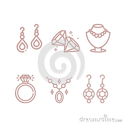 Jewelry icons set. Earring, necklace, diamond, brilliant outline flat vector illustration. Accessory for women Vector Illustration