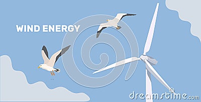 Onshore wind farms. Green energy wind turbines on the sea, in the ocean. Vector Illustration