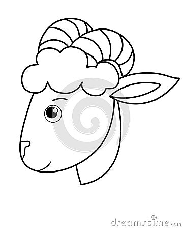 Ram head, cute muzzle in profile - vector linear picture for coloring. Outline. Sheep head, lamb cute animal for children`s colori Vector Illustration
