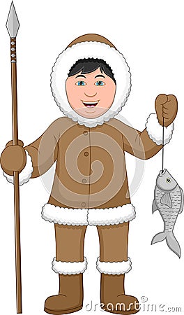 Cartoon cute Eskimo boy catching fish with a spear Vector Illustration
