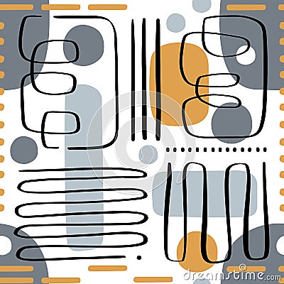 Organic lines and shapes gray yellow black seamless pattern Vector Illustration