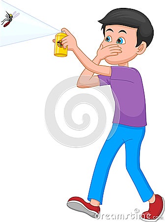 Cartoon boy spraying insect killer to mosquitoes Vector Illustration