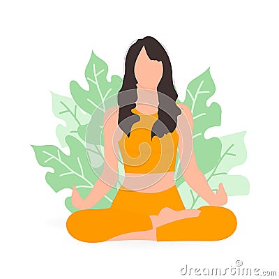 Woman in yellow clothes meditating in lotus pose Vector Illustration