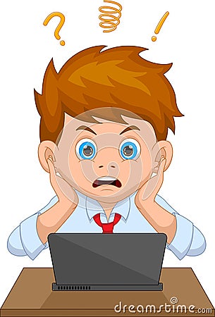 Cartoon young businessman shocked in front of the laptop Vector Illustration