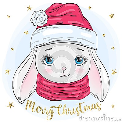 Hand drawn beautiful cute winter rabbit girl with the words Merry Christmas. Vector Illustration