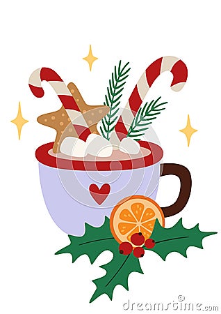 Christmas cup of hot delicious drink with marshmallows, gingerbread cookies, candies and mandarin orange with holly. Cartoon Illustration