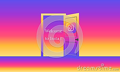 Instagram Social Media Open Door vector welcome insta post Cartoon Illustration