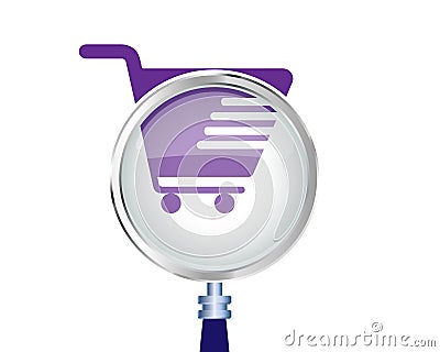 Trolley shopping cart focused with Magnifying Glass Vector Cartoon Illustration