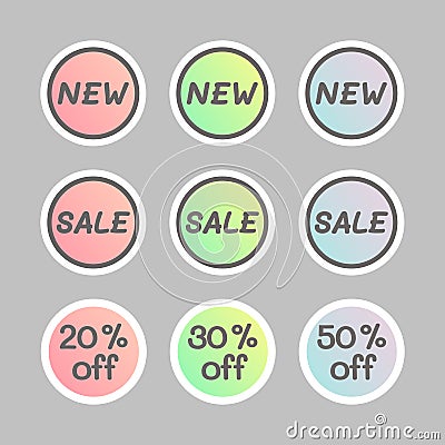 Sale stickers. Bright set of discount lables, promotional badges, price tags. Stock Photo