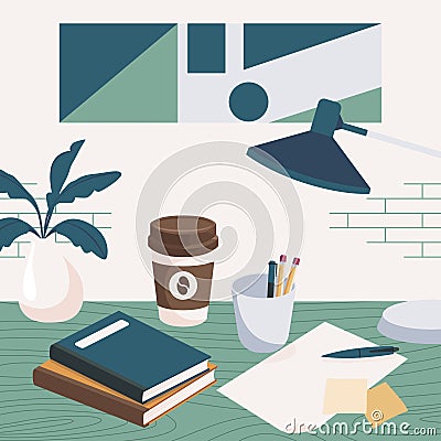 Office desk with ledger book, blank paper, pen, pencil, and coffee cup. Preparation to start work. Vector Illustration