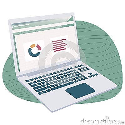 Spreadsheet on laptop screen with green bubble isolated on white background. Preparation to start work. Vector Illustration