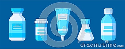 Different variants of containers and containers for liquid and dry medicines. Vector Illustration
