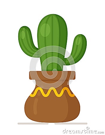 Vector illustration of a long cactus in a brown pot. Vector Illustration