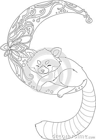 Cute firefox sleeping on mandala moon sketch template. Cartoon graphic vector illustration in black and white Vector Illustration