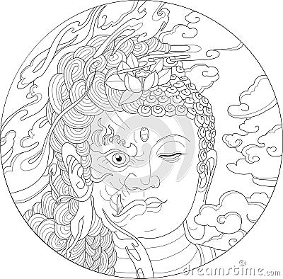 Buddhism religion Buddha god and dragon sketch template. Vector Illustration