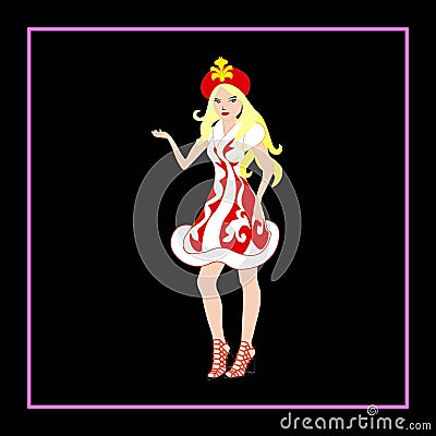 A girl in festive clothes advertises the product. Vector graphics design by a buliten. Illustration sales offer. Stock Photo
