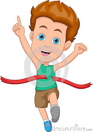 Cartoon boy winning first place in running race competition Vector Illustration