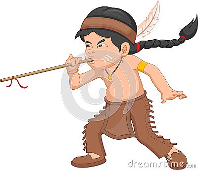 ittle boy in Native American costume with a blowgun Vector Illustration
