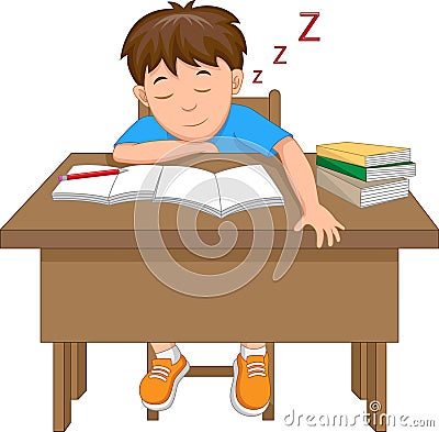 Tired schoolboy sleep at the table during Studying Vector Illustration