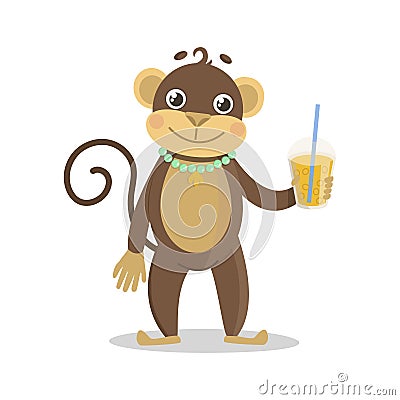 Monkey stands and holds a cold drink in his hand lemonade. Vector Illustration