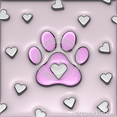 Pink background with hearts with pink paws 3D Stock Photo