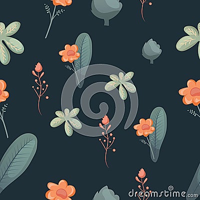 Ditsy liberty style seamless patterns. Set of summer daisy flowers in brown background. Simple flat modern drawing. Stock Photo