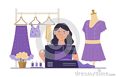 Dressmaker Woman Sewing Clothes with Sewing Machine Vector Illustration