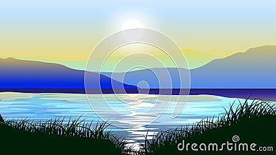 sunset and lake with grassyland Vector Illustration