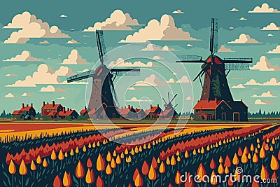 Tulip fields in Holland, tulips and windmills, Holland country Vector Illustration