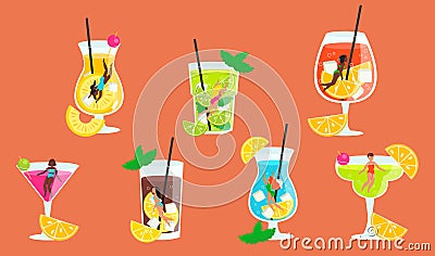 Set of glasses with delicious cold drinks. Inside them swim different girls in swimsuits. Vector Illustration