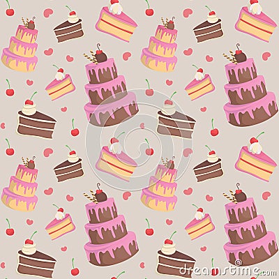 Colorful repetitive pattern background of cakes and cake slices made of simple vector illustrations. Vector Illustration